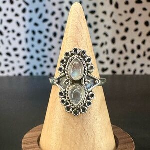 NWT Sterling Silver Double Moonstone Ring Intricate Silver Work Setting